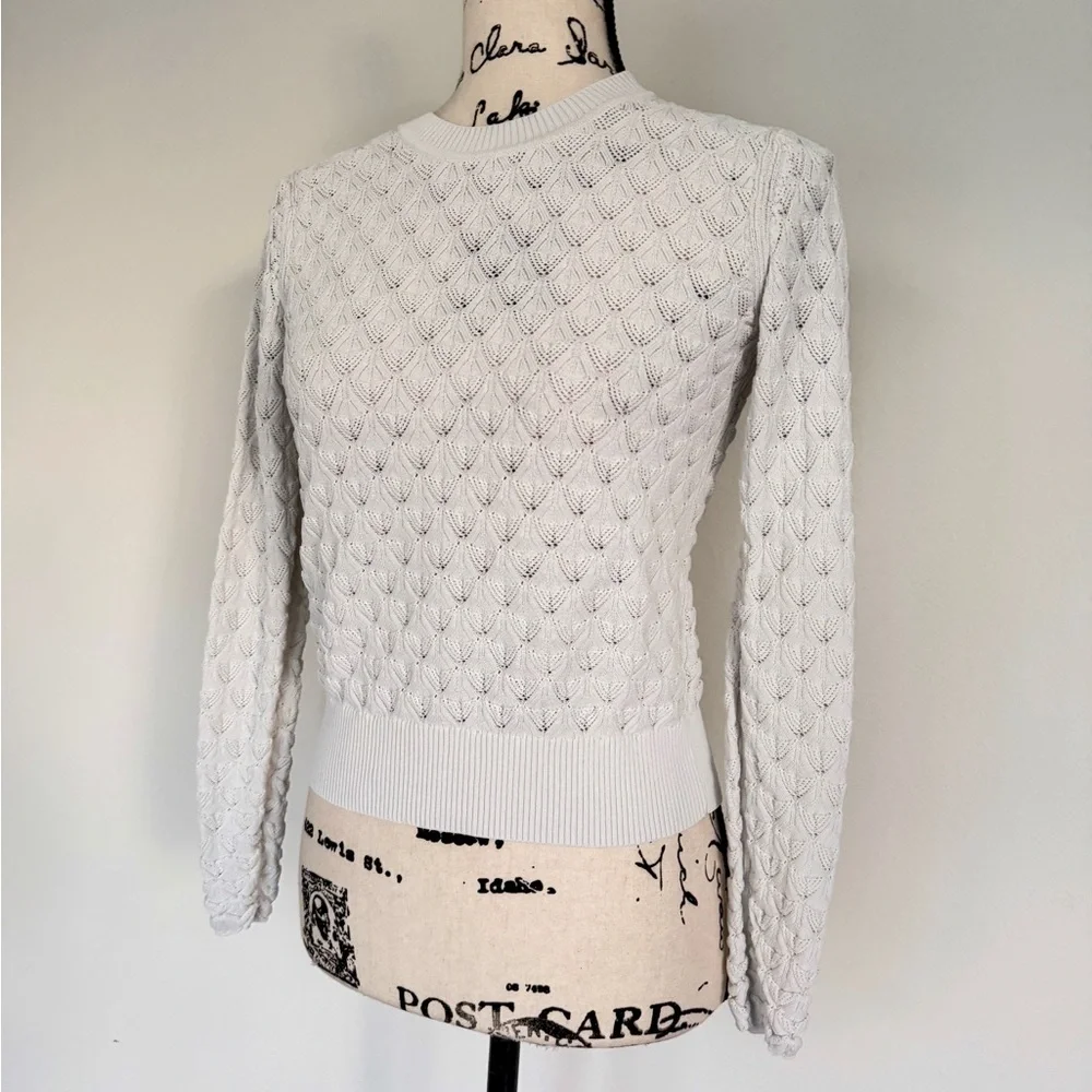 Club Monaco Sweater Pointelle Knit Sz S Ivory Ribbed Collar/Hem Quiet Luxurycore